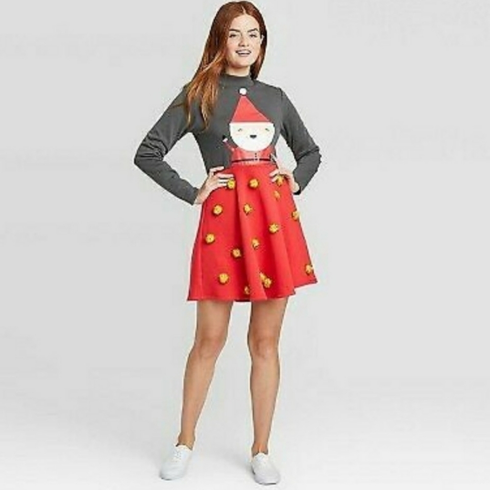 Santa Red/Gray Ugly Sweater Dress W/PomPom Skirt Size L